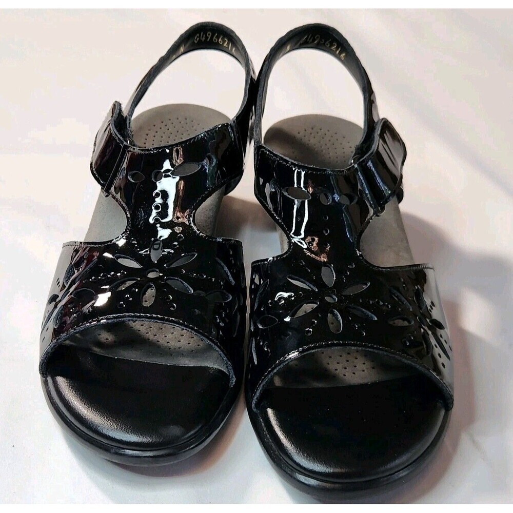 SAS Sunburst Black Patent Leather Sandals Sz 7 Comfort Tripad Heel Strap Floral - Picture 5 of 10